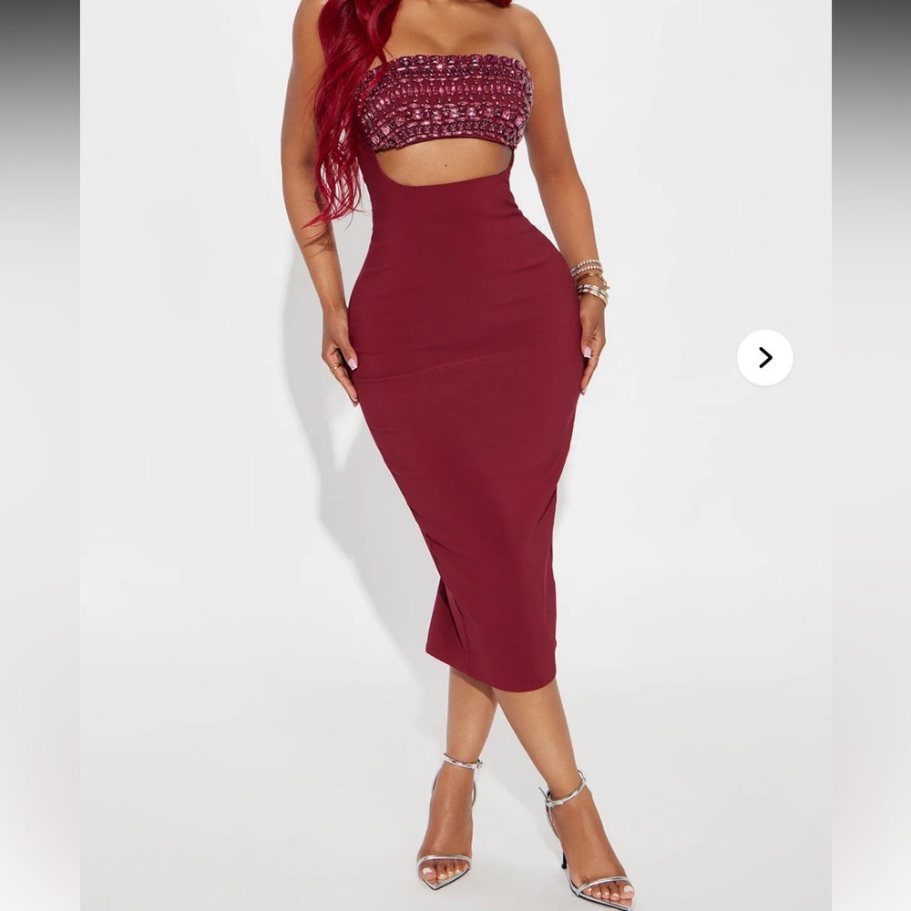 Burgundy Embellished Rhinestone Cutout Dress